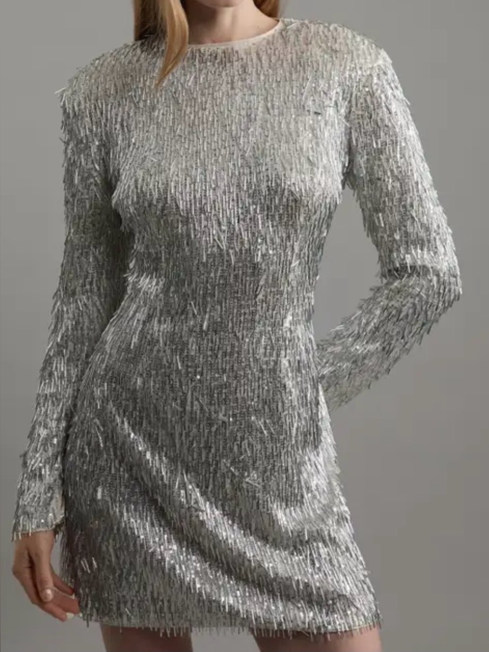 Karen Millen Silver Sequin-Fringe Long-Sleeve Mini Dress